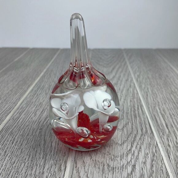 VTG Joe St. Clair Glass Teardrop Bubbles Red Floral Ring Holder Paperweight. - Picture 3 of 7
